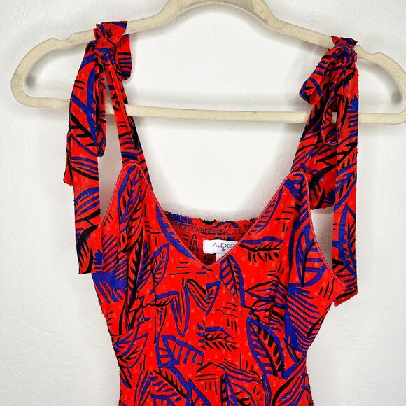 Alexis x Target Tropical Leaf Tie Shoulder Red Blue Handkerchief Midi Dress XS - Picture 4 of 16
